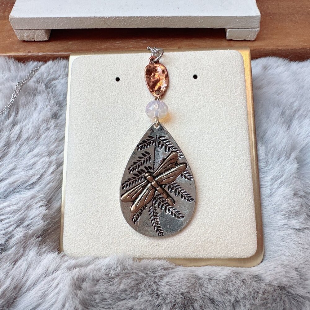 Antique Gold Dragonfly Botanical Pendant Necklace